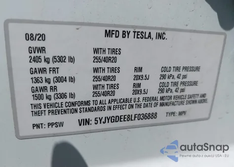 2020 Tesla Model Y Long Range Dual Motor All-Wheel Drive from USA, damaged, VIN 5YJYGDEE8LF036888